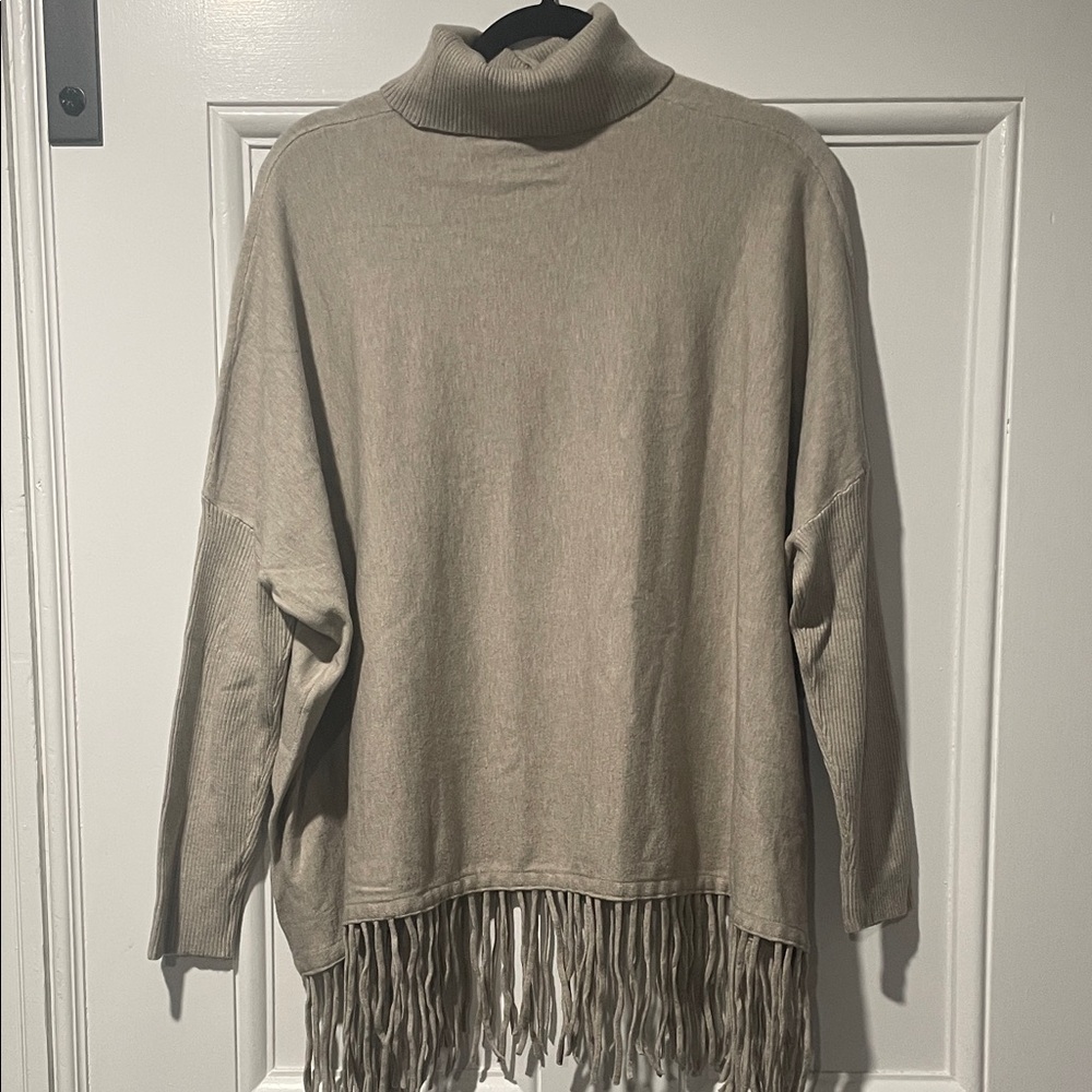 Cyrus Taupe Turtleneck Sweater with Fringe Hem